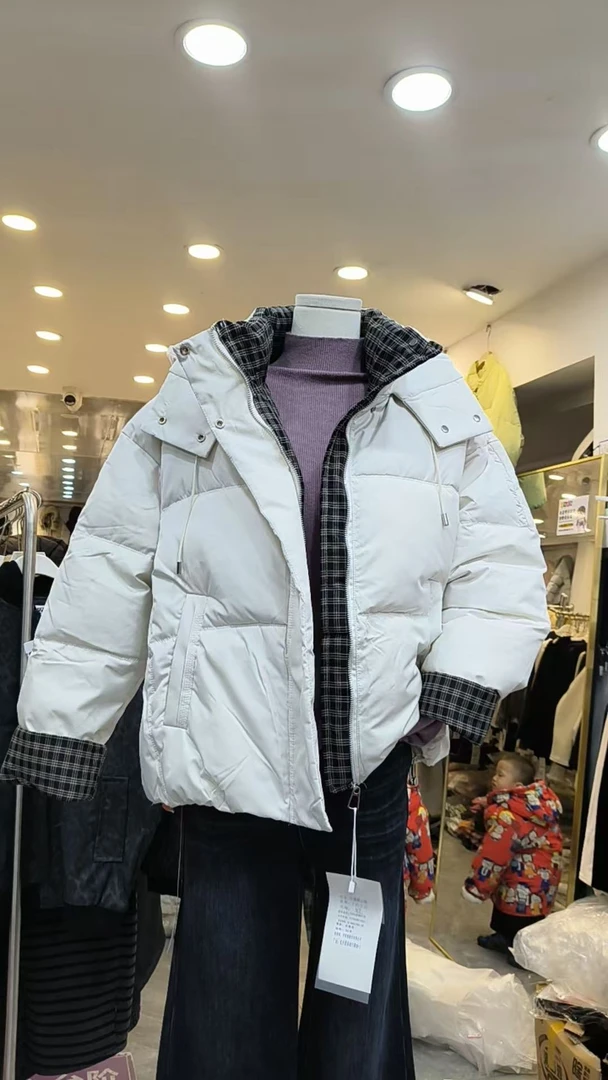 7612#冬季新款休闲百搭格子拼接短款连帽棉服