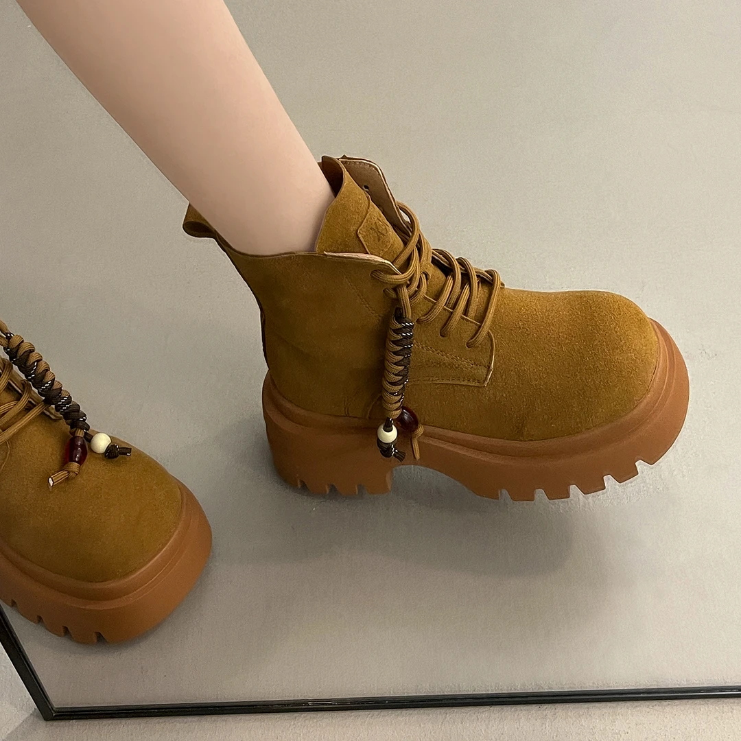 增高厚底马丁靴女款2025新款夏季草原靴子西部牛仔靴英伦风大黄靴