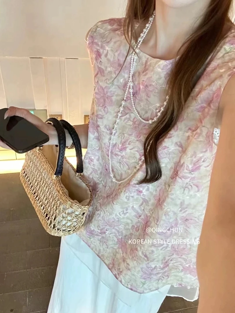 新中式假两件提花拼接无袖背心夏季新款时尚百搭上衣潮