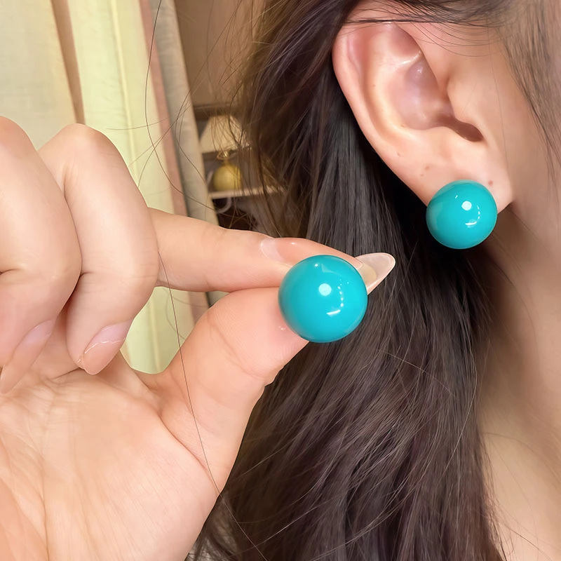 铜合金仿珍珠耳饰 蓝色滴油球球银针耳钉女气质温柔清新耳环耳饰