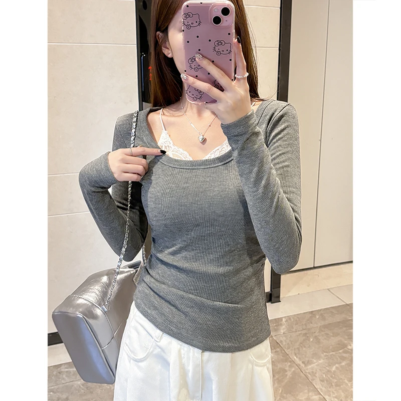 打底衫女秋冬新款吊带蕾丝花边拼接t恤纯欲U领修身加绒内搭上衣