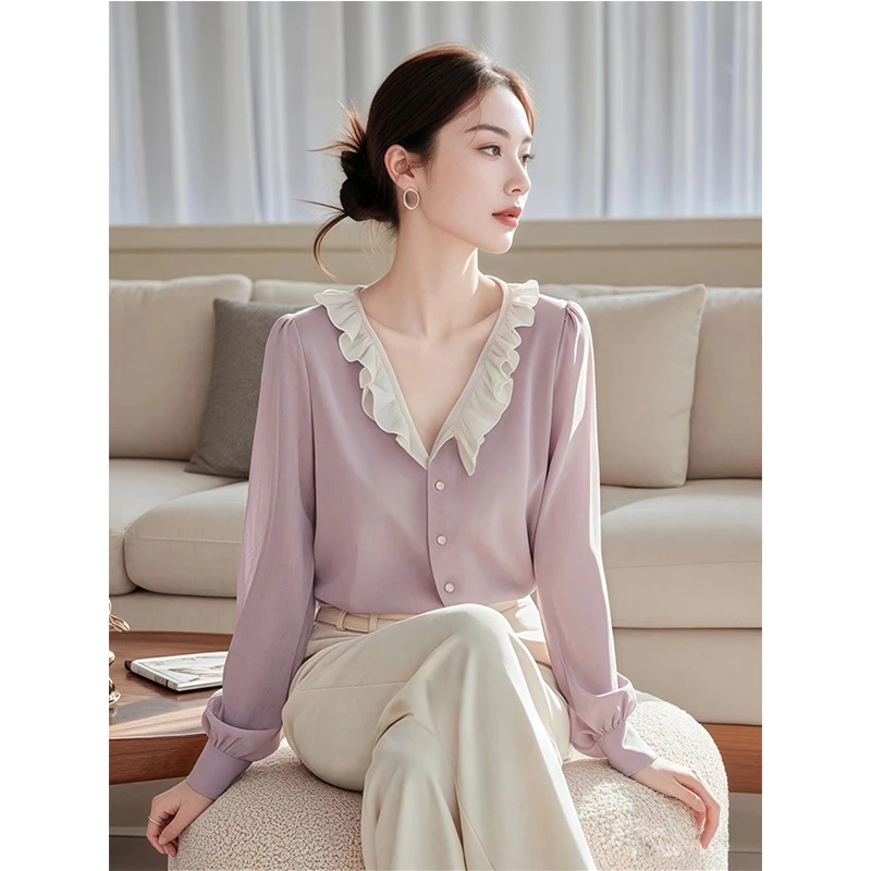 2025新款春季时尚设计感衬衣初春独特超好看气质紫色长袖衬衫上衣