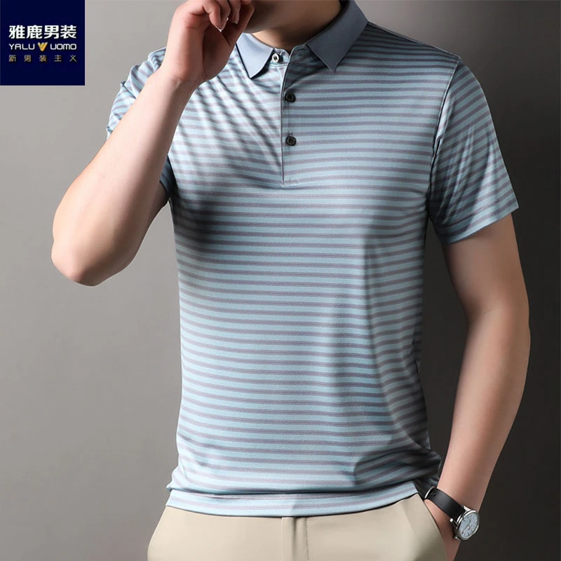 雅鹿男装条纹短袖夏季常规Polo衫宽松休闲中青年中年上衣夏季