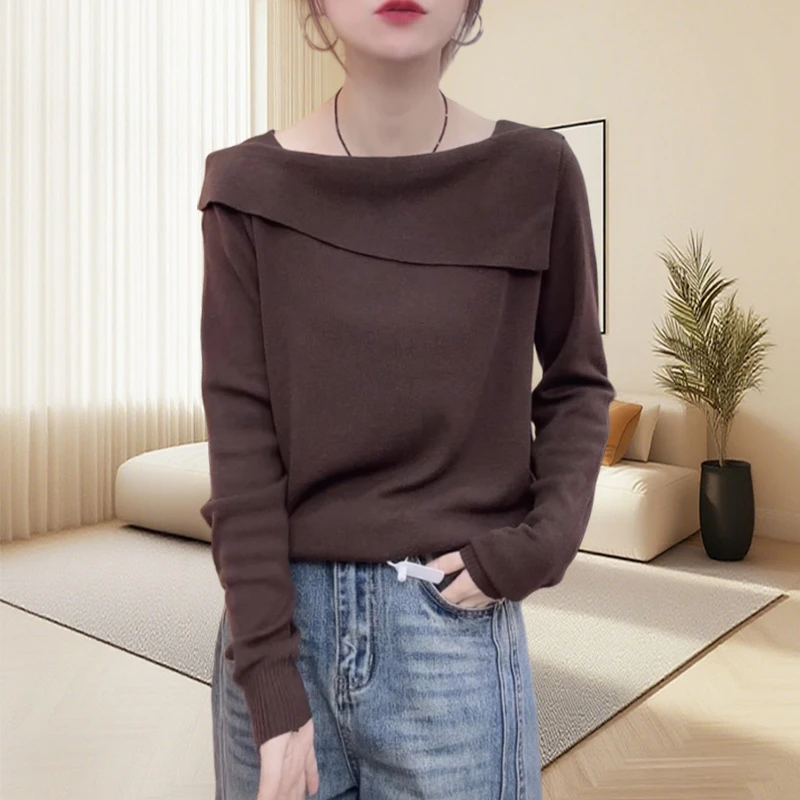 法式气质复古一字领长袖毛衣早秋新款高级感简约百搭休闲毛衣上衣