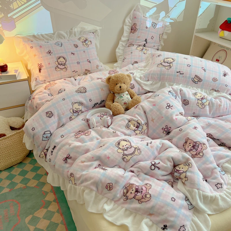 ins可爱卡通牛奶绒四件套珊瑚床单被套冬季加绒加厚法兰绒三件套4