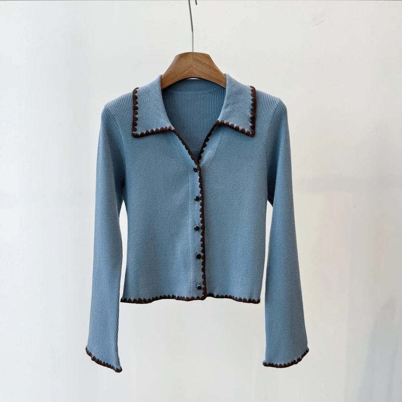 休闲风百搭针织时尚翻领撞色女士针织衫b357