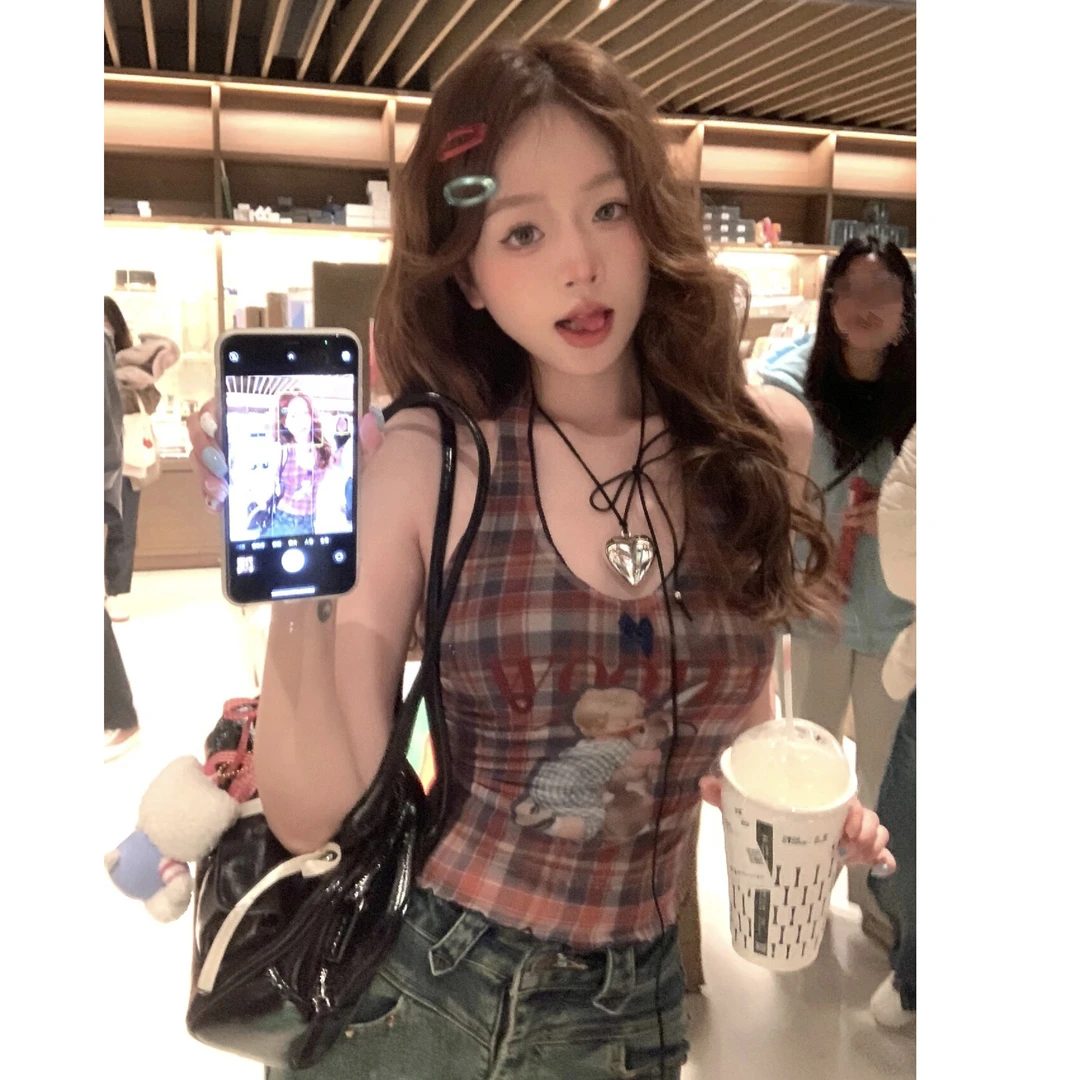 2025夏新款上衣复古少女感甜酷辣妹风印花格纹挂脖吊带背心女