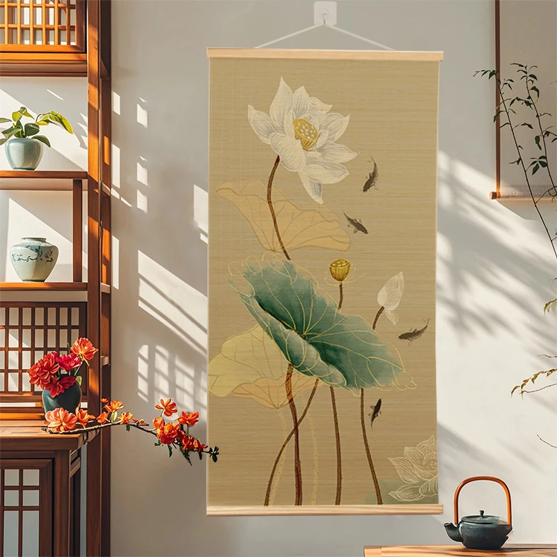 荷花新中式印花禅意竹帘装饰画客厅玄关走廊卷帘壁画书房茶室挂画