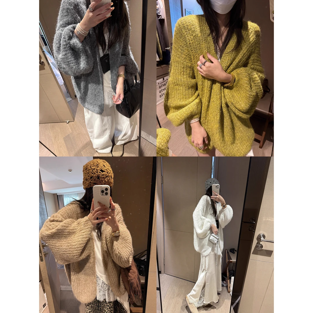 灯笼袖针织衫毛衣女开衫外套2025秋冬新款宽松慵懒上衣 81266