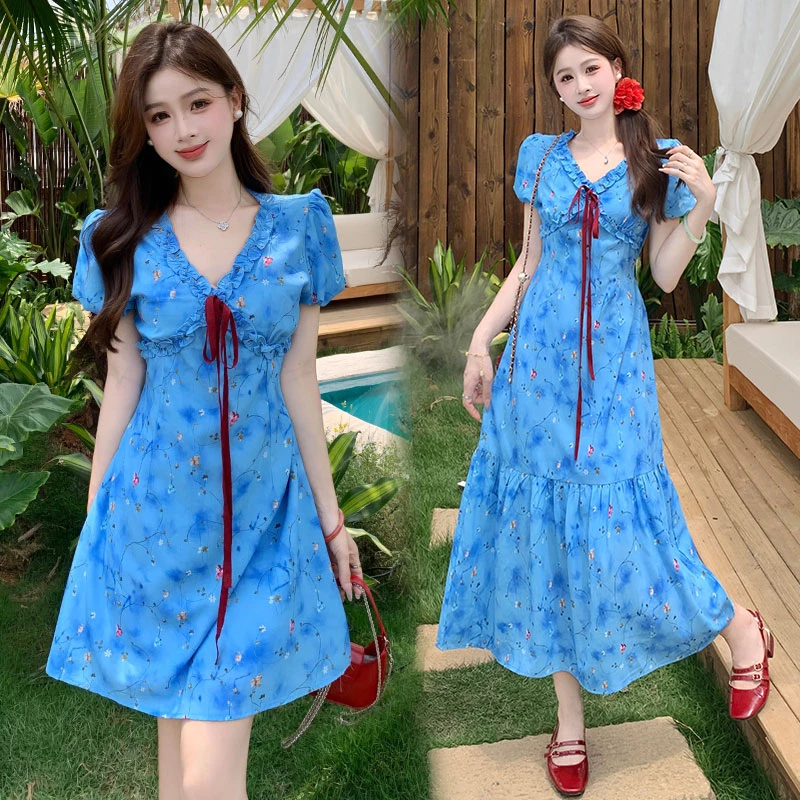 大码胖mm蓝色扎染碎花连衣裙夏新款V领收腰显瘦设计感荷叶边长裙