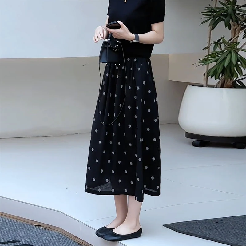 波点半身裙女2025夏季新款大码宽松遮胯a字裙气质高腰薄款中长裙