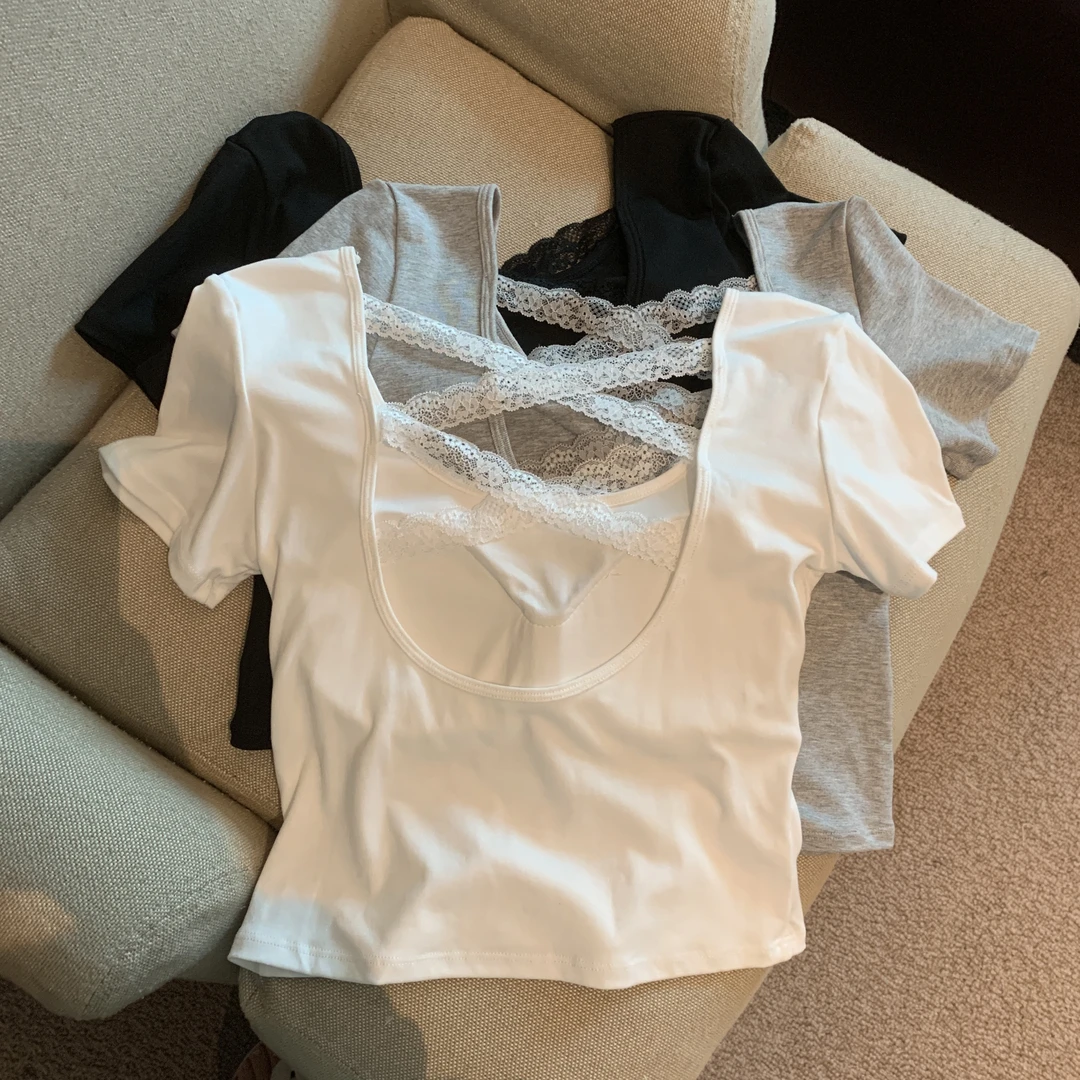 高级感法式蕾丝交叉露背短袖t恤女夏季ins短袖纯欲风性感打底上衣