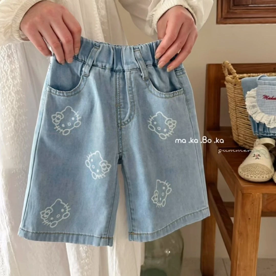 女童25夏季新款薄款印花牛仔短裤牛仔裤宝宝洋气阔腿裤宽松五分裤