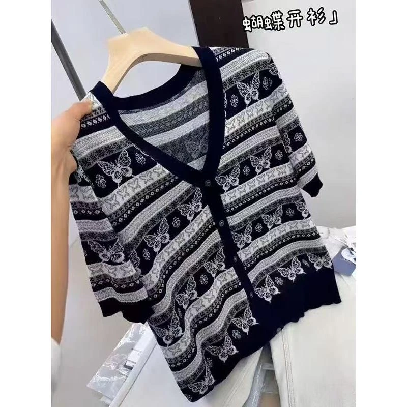 【高定线下款 欧洲站重工提花蝴蝶短袖】简约时尚百搭上衣 C107