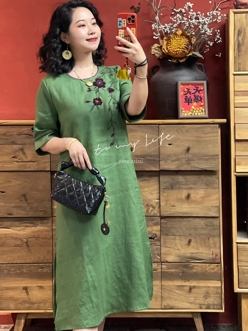 羊在在原创民族风气质日常中式刺绣连衣裙绣花中国风LYQ25GY164