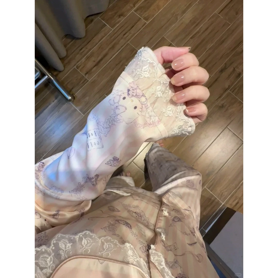 【纯欲kitty】蕾丝款印花睡衣女秋冬款冰丝长袖长裤家居服套装女
