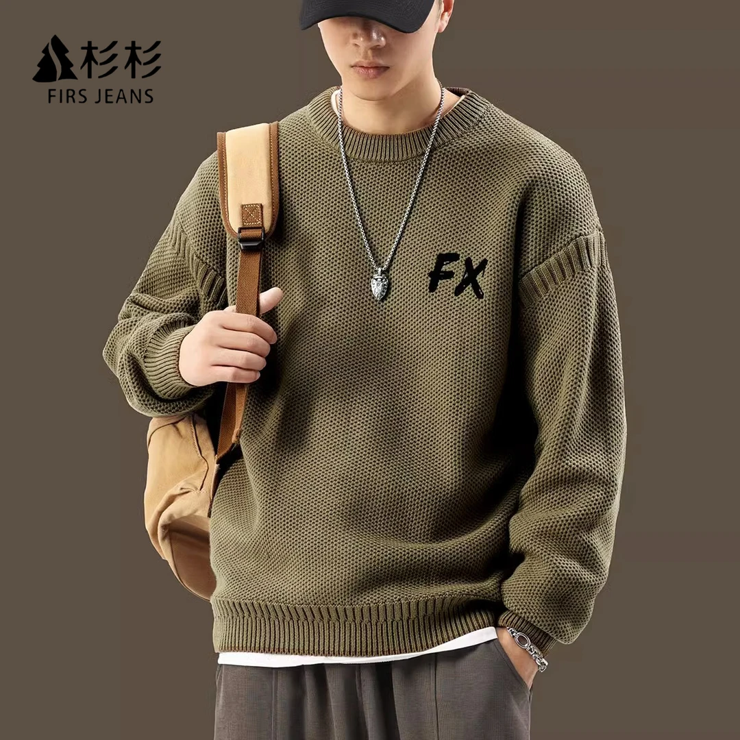 FIRS JEAN杉杉美式重磅圆领针织毛衣男宽松潮牌秋冬季套头毛线衣