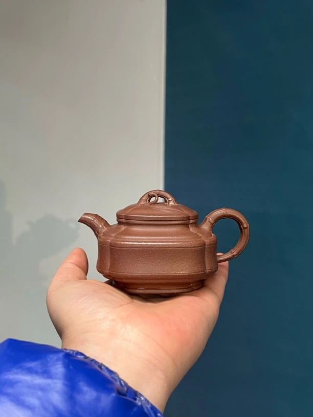 宜兴紫砂壶紫泥筋纹双线竹鼓