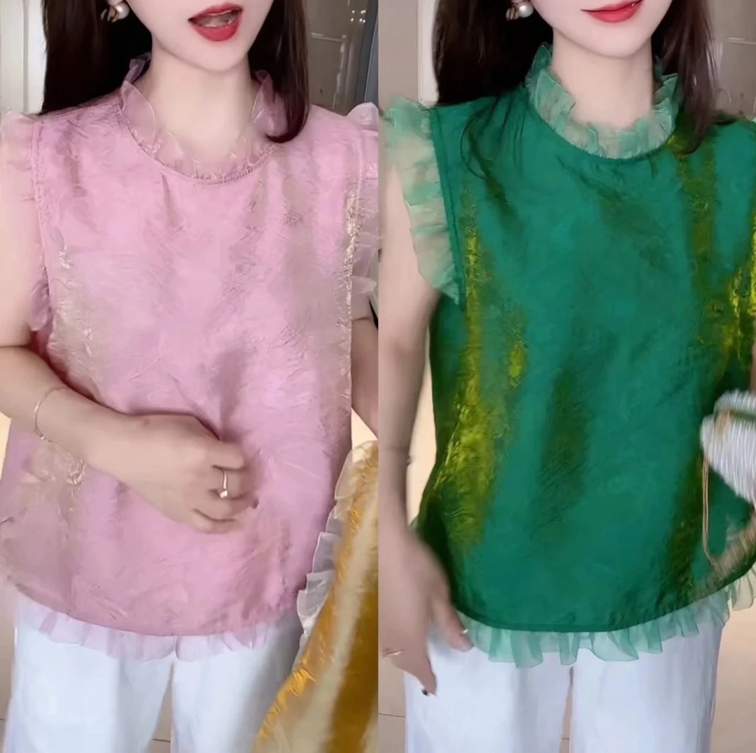 2025夏季宽松型拼接圆领薄款木耳衬衫洋气小衫打底
