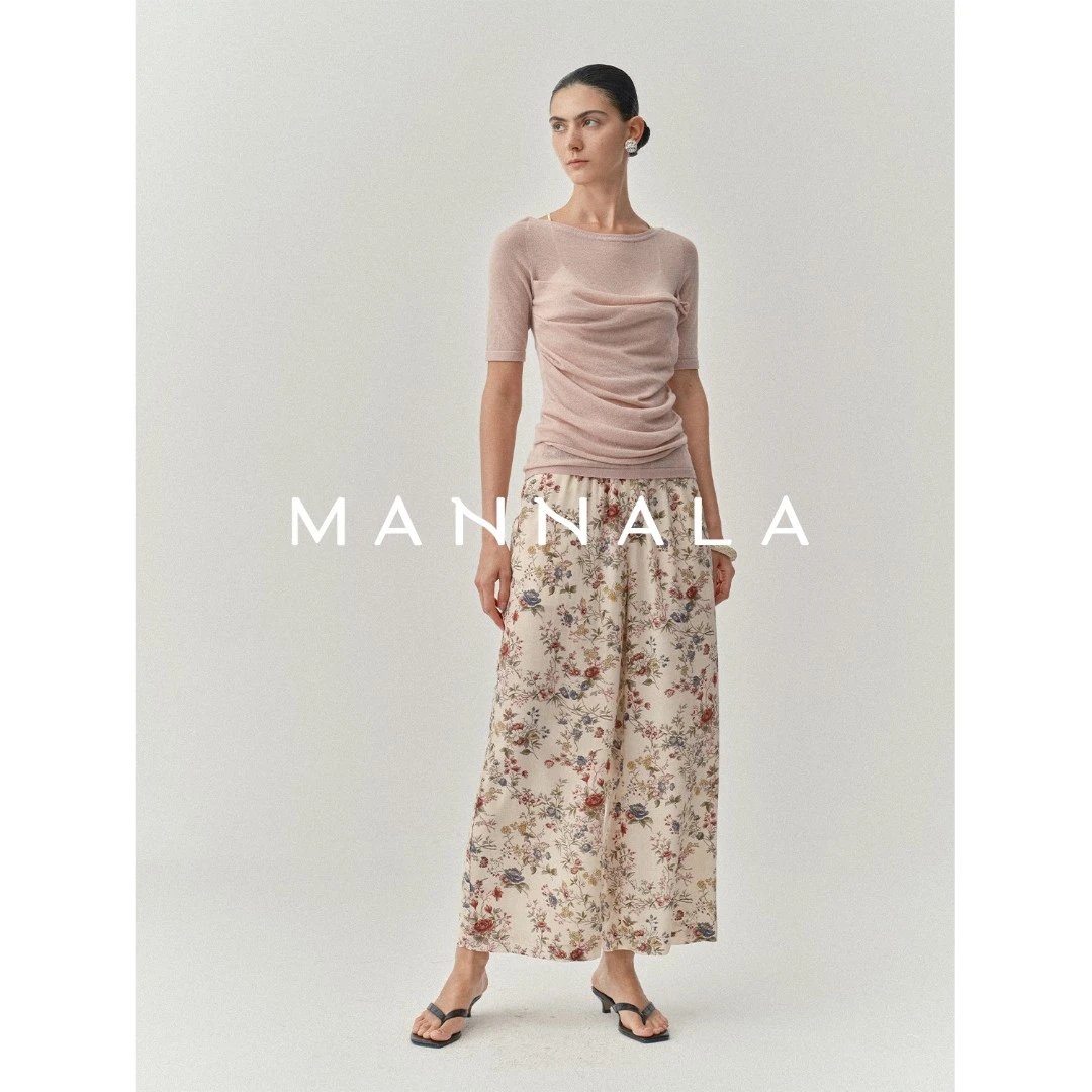 MANNALA丨“花卉裤”印花缠枝花卉松紧腰阔腿飘逸真丝长裤 Q9275