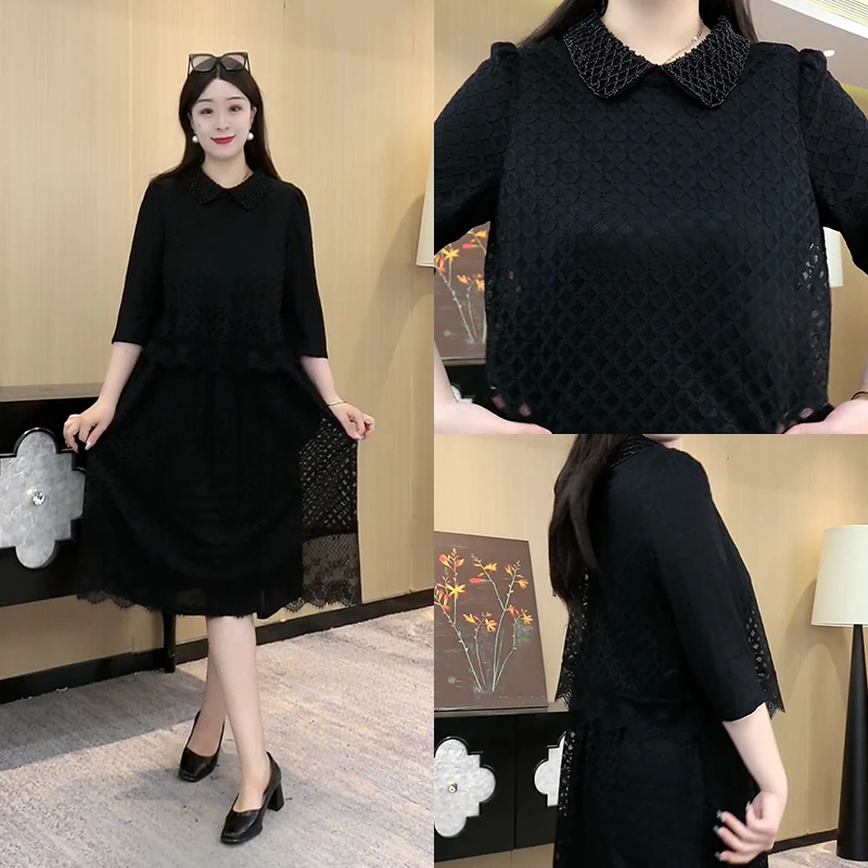胖大盈定制大码连衣裙时尚休闲百搭翻领蕾丝拼接假两件裙子ZB6693