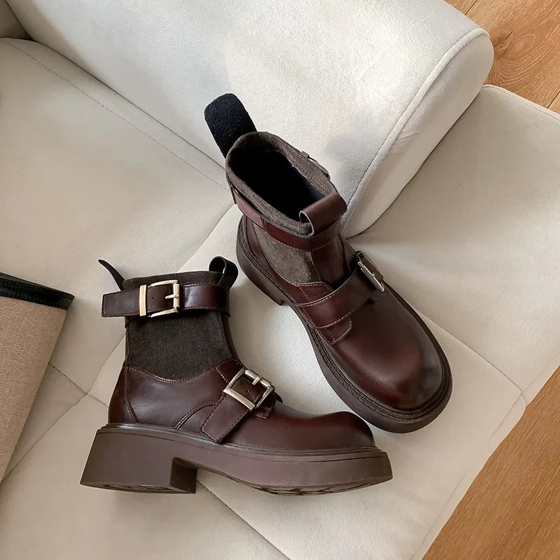 QD8805-1L欧美牛皮厚底女靴马丁靴秋冬英伦显瘦真皮甜酷机车靴