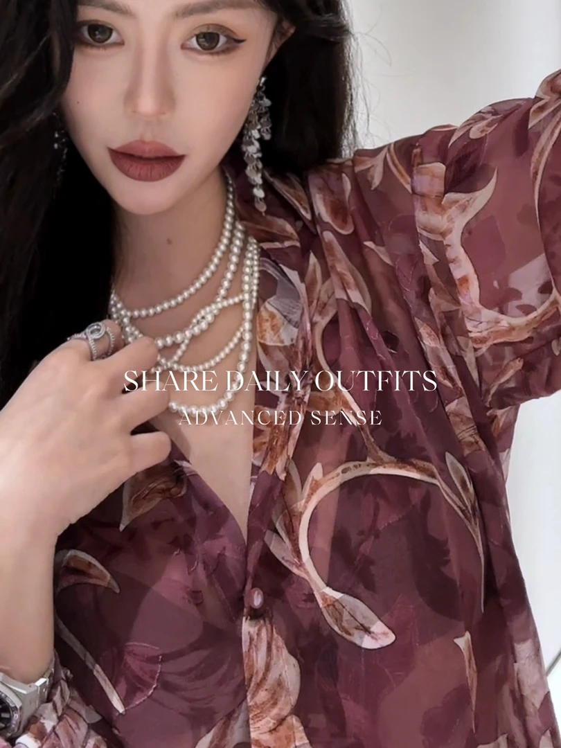 高温妮【风信紫】廓形慵懒感松弛中古时尚百搭印花衬衫 5e32209