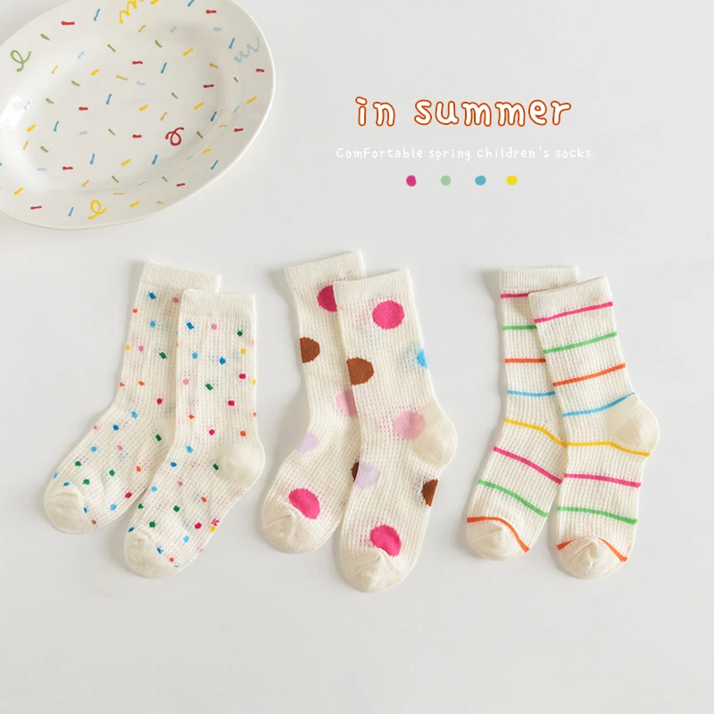 儿童中筒袜春夏薄款棉袜女童多巴胺彩色潮袜夏季透气女宝宝网眼袜