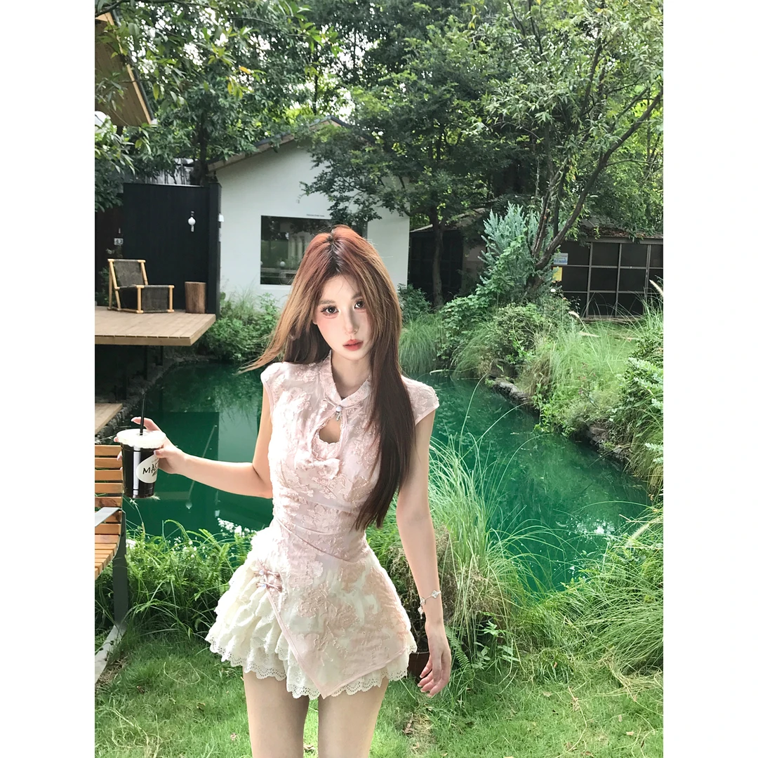 Mejiu蜜九【桃栀夭夭 】新中式国风女小众碎花纯欲性感辣妹连衣短裙