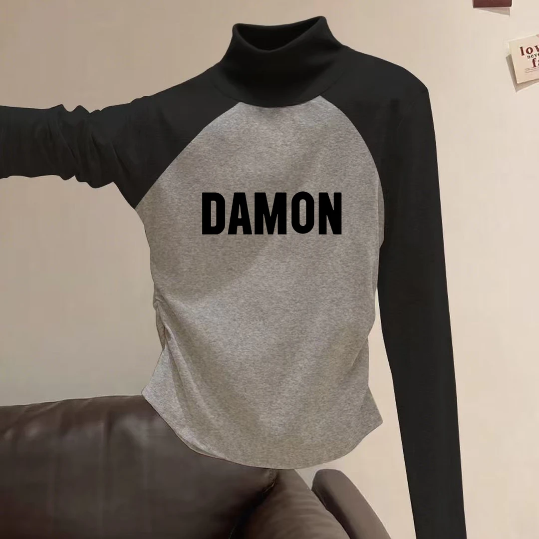 内搭修身显瘦长袖T恤上衣百搭半高领撞色打底衫女2025秋冬季新款