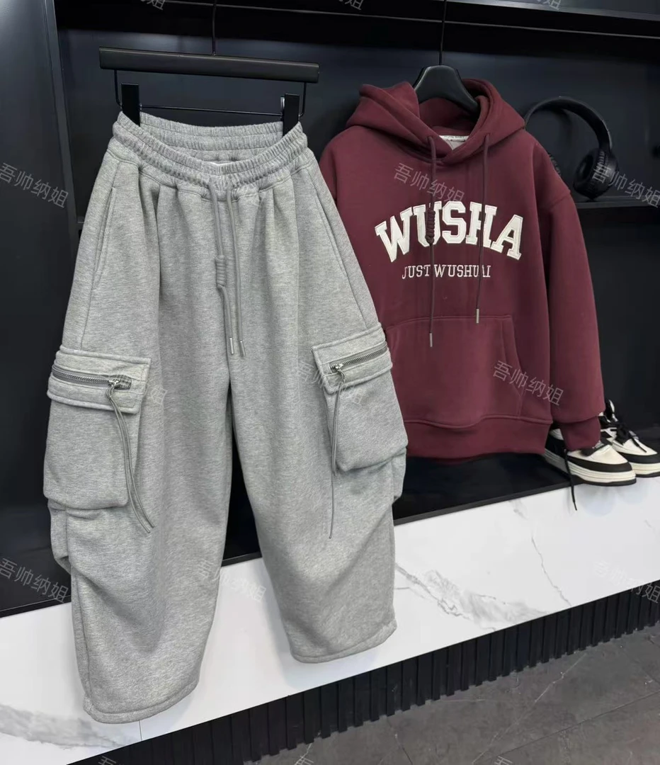 吾2025【Y】12月17日 加绒儿童时尚灰色口袋抽绳卫裤5966-