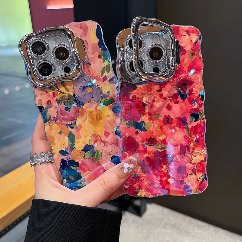 适用苹果系列iPhone16新款手机壳优雅彩色渲染花朵全包支架镜头膜