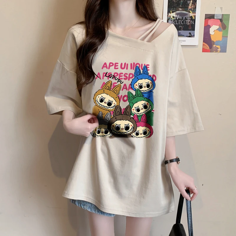 宽松中长款趣味卡通短袖T恤女夏季韩版设计感小心机斜肩纯棉上衣