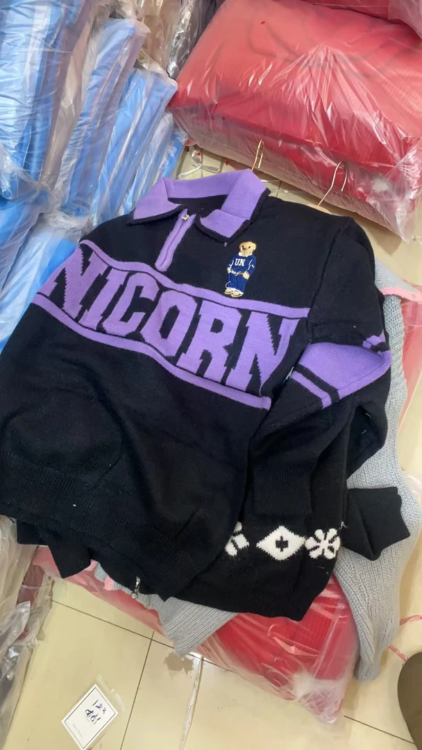 美式复古刺绣小熊学院风情侣翻领针织衫长袖毛衣秋冬