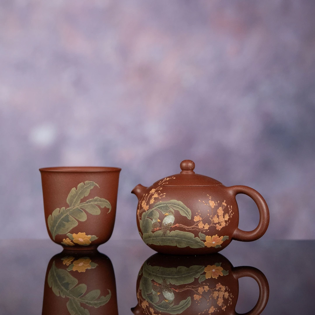 【利贞l鸟栖芭蕉套组】原矿紫泥壶200cc杯140cc手工制紫砂壶茶具ZYH