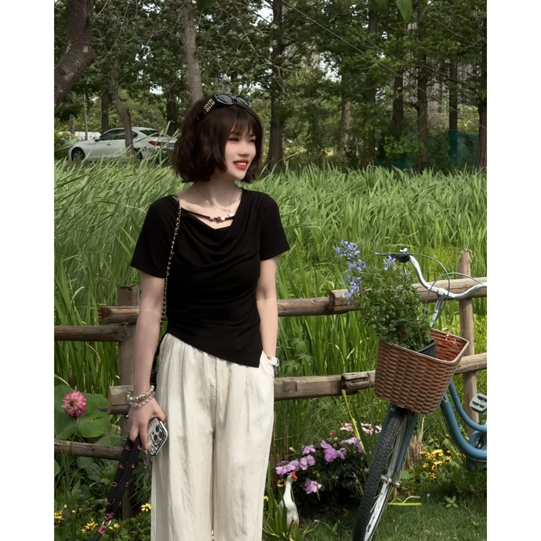 玳妮【锁骨精】夏季一字领串珠显瘦弹力百搭短上衣压褶时尚短袖T恤