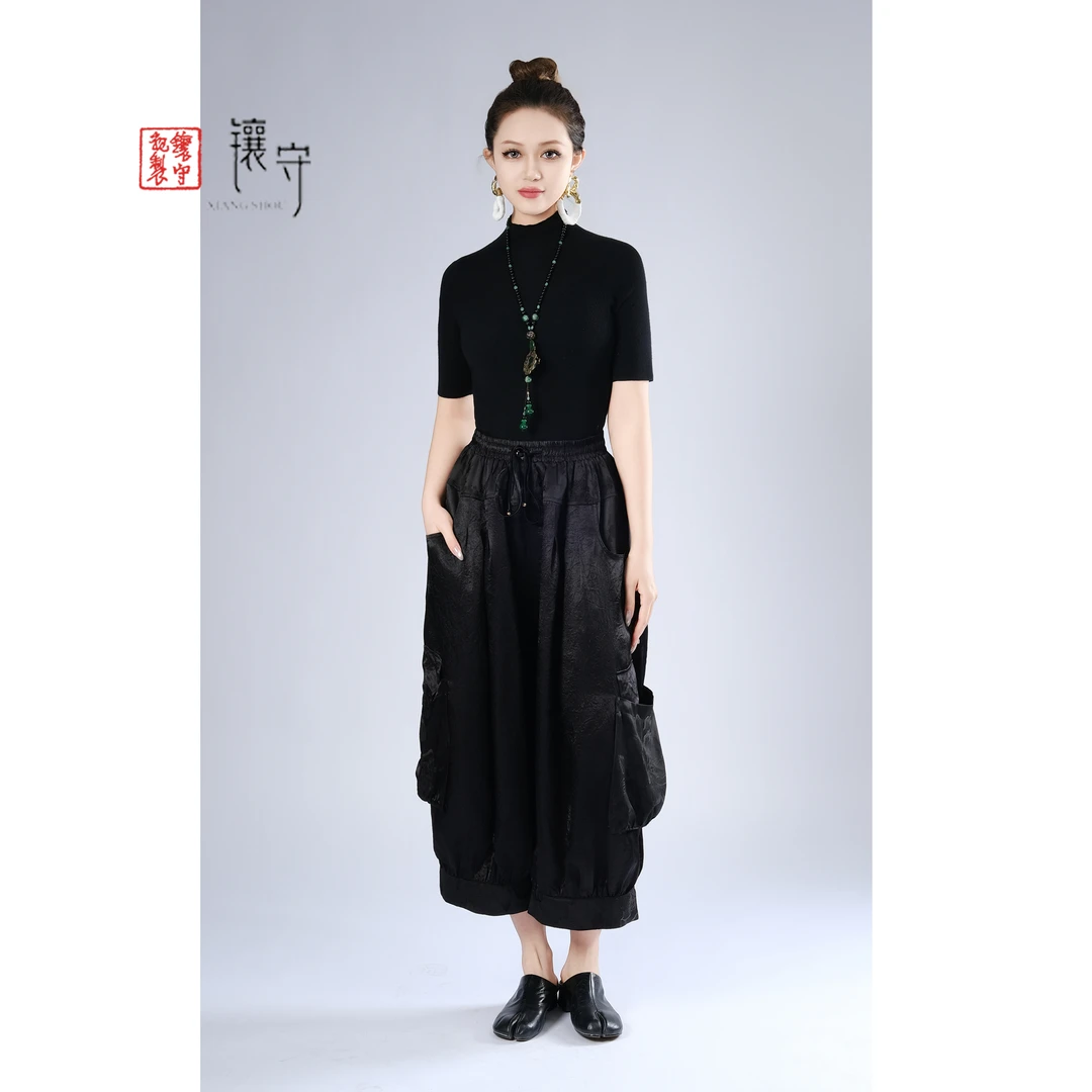 【镶守·飘然】轻中式气质潮流女款中国风高腰显瘦黑色休闲裤K9011