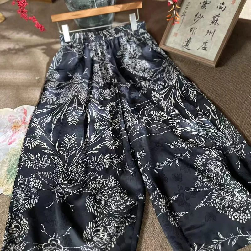 夏季新款新中式国风中高腰松紧腰垂感遮肉显瘦花苞裤