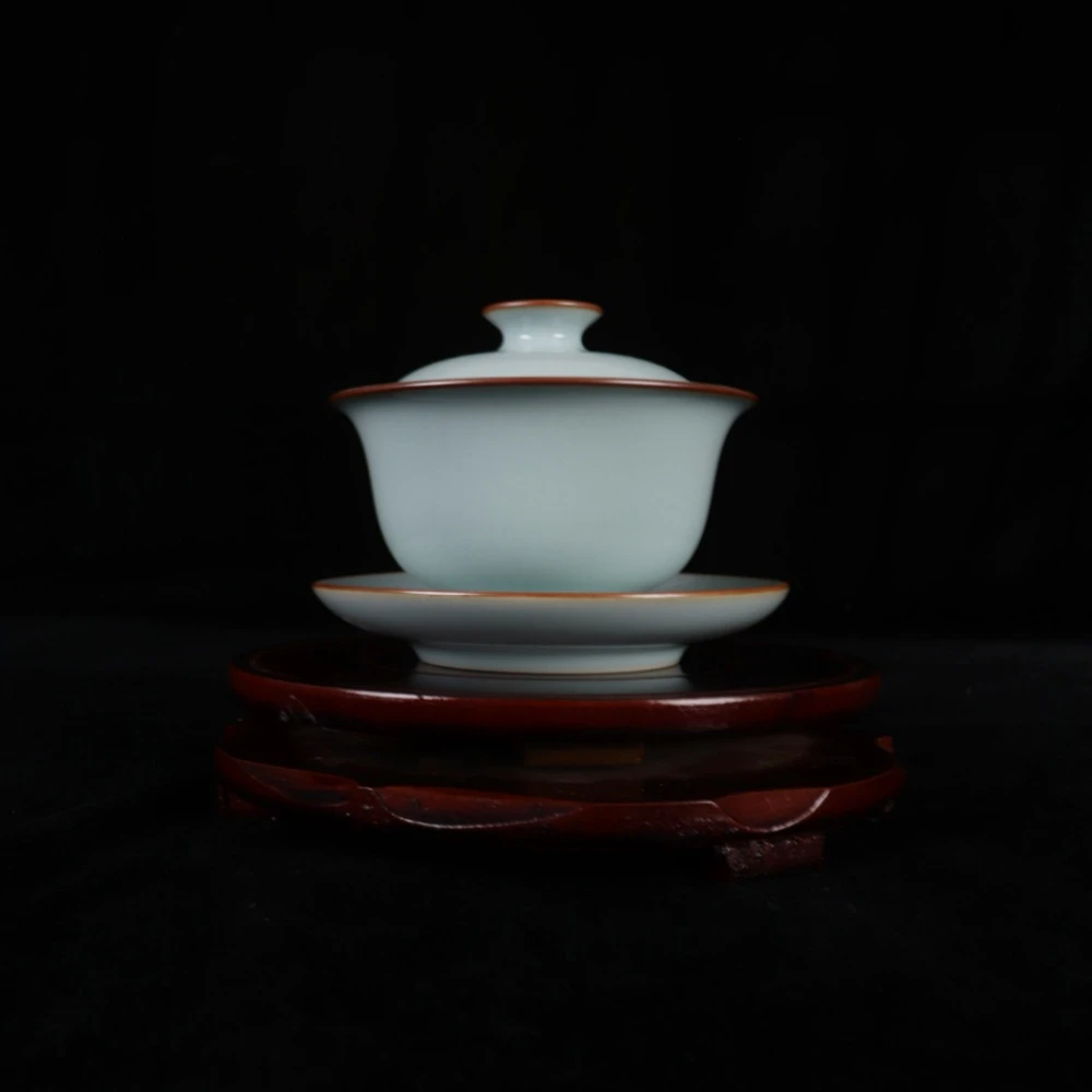 【天青釉】汝州汝瓷天青釉描边三才元宝盖碗全手工支钉烧开片可养