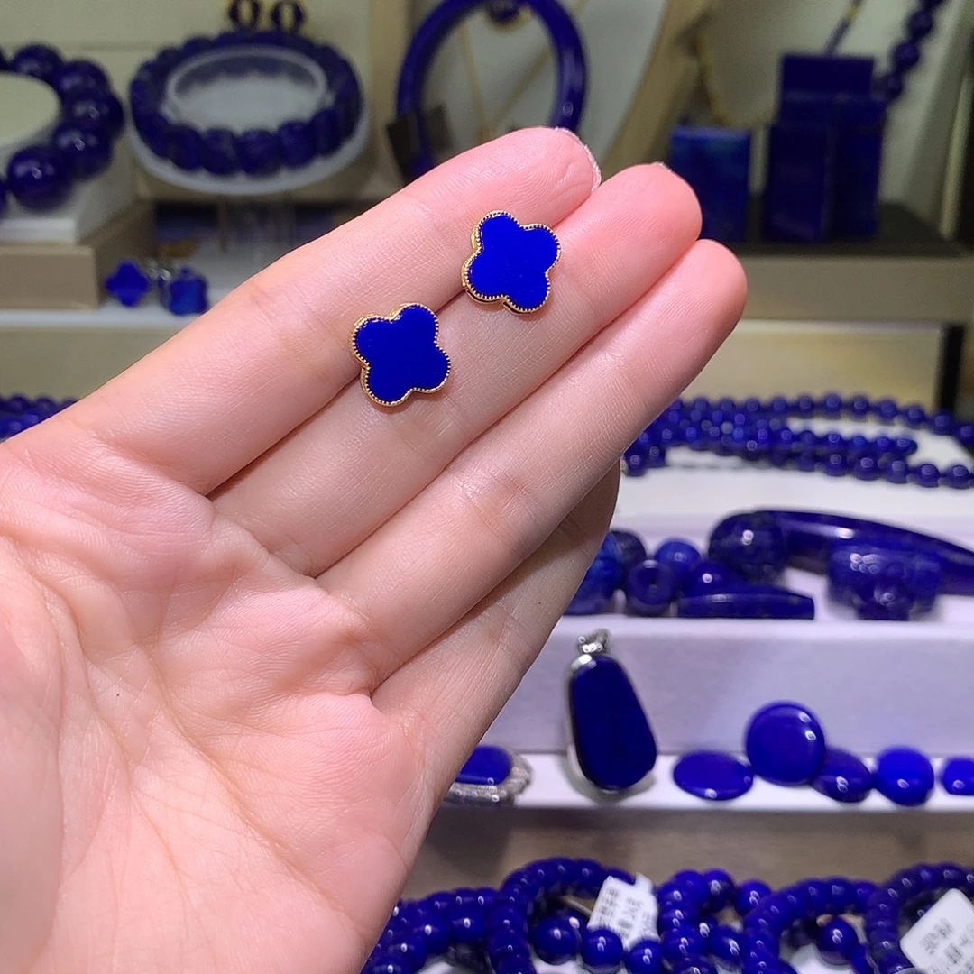 青金石合金天然原矿四叶草耳钉11m+