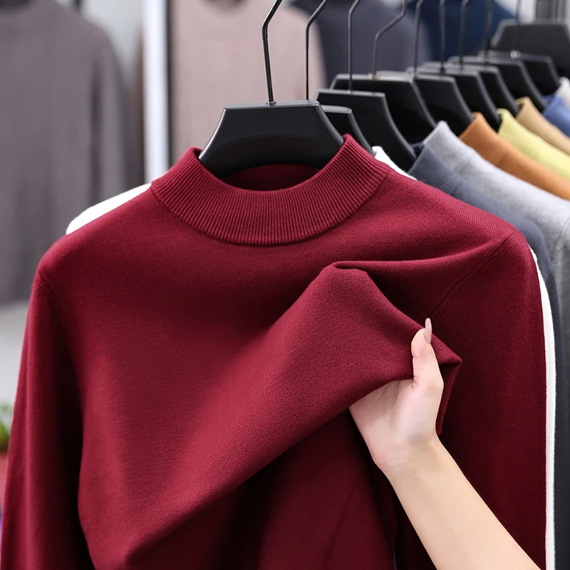 秋冬季新款男士半高领毛衣男针织打底衫修身保暖加绒加厚羊毛衫女