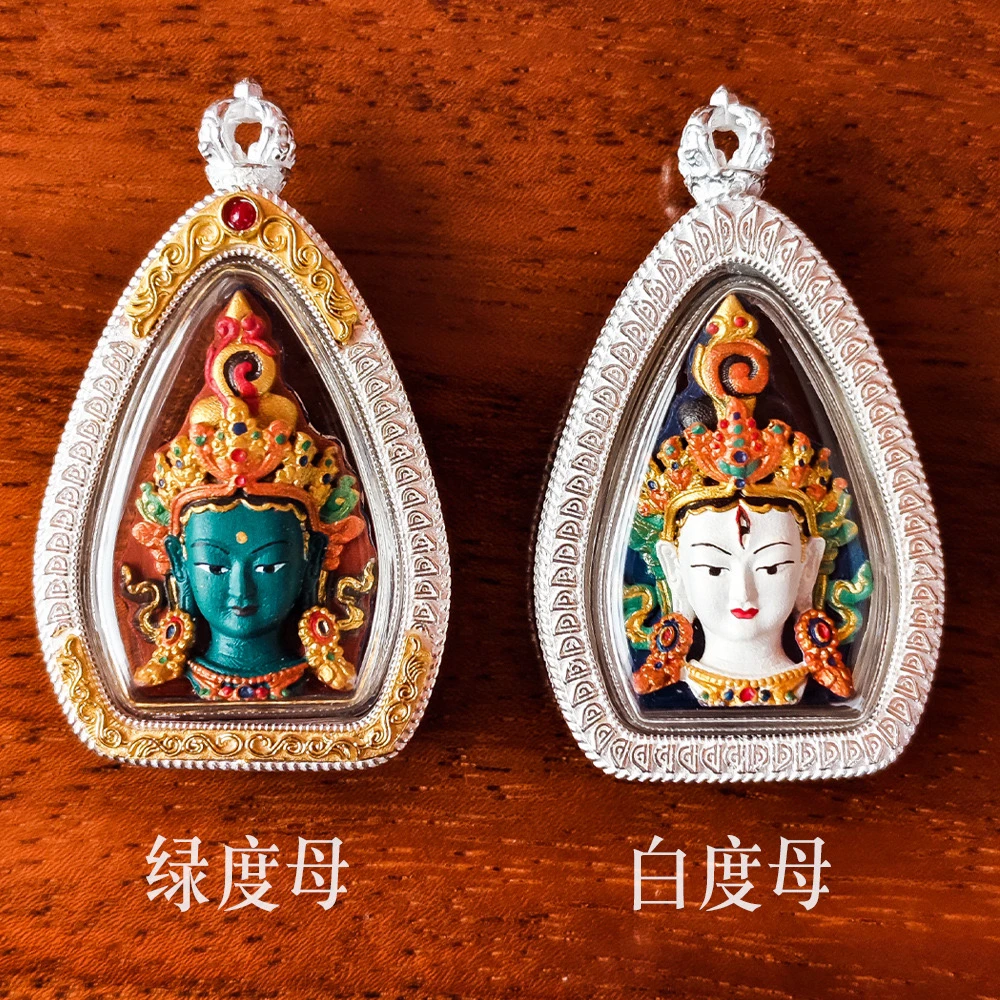 铜吊坠 手绘擦擦纯银包边绿度母黄财神大黑天扎基拉姆挂坠