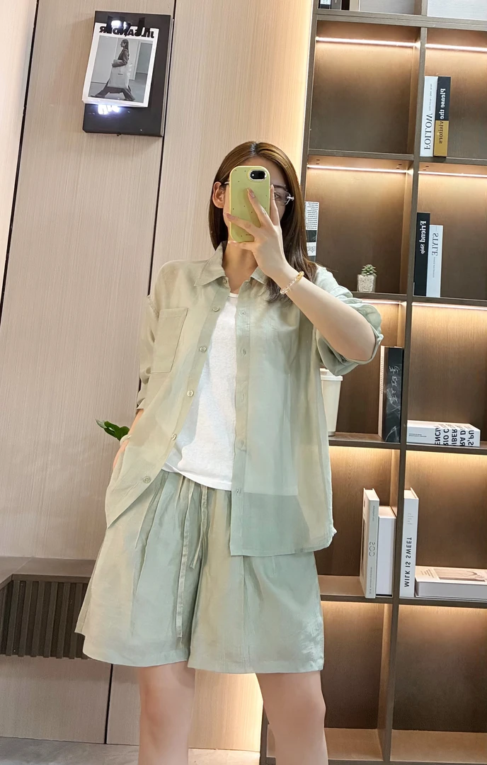 8187夏季薄款老钱风长袖衬衫短裤休闲慵懒风套装