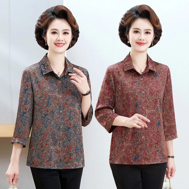 宽松型纯色碎花中老年女装衬衫女装翻领夏季春装小衫