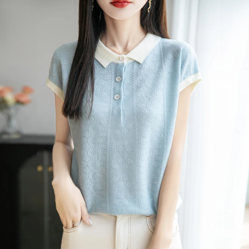 欧根纱撞色正肩针织短袖t恤女夏新款宽松时尚洋气减龄polo领上衣