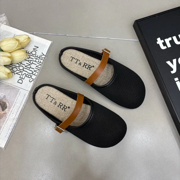 杨杨家韩版夏季时尚休闲半托搭扣网面软底舒适百搭平底包头拖