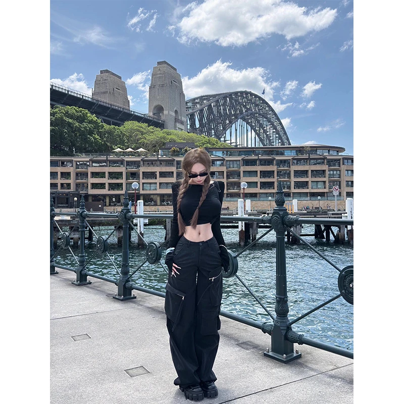 2025秋季新款时尚修身显瘦长袖T恤高腰百搭宽松阔腿工装裤两件套