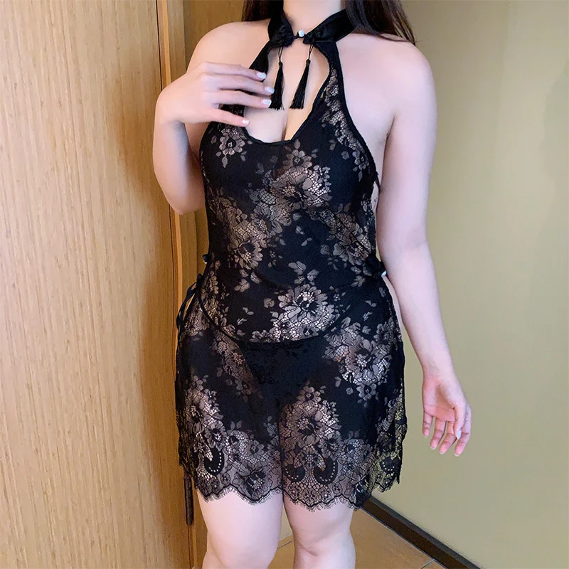 大码夏季薄款内衣旗袍制服诱惑蕾丝胖mm睡衣上衣镂空性感套装小众