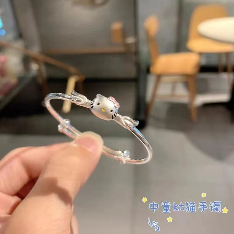 足银珐琅手镯 KT猫中童手镯实心可爱情侣素款