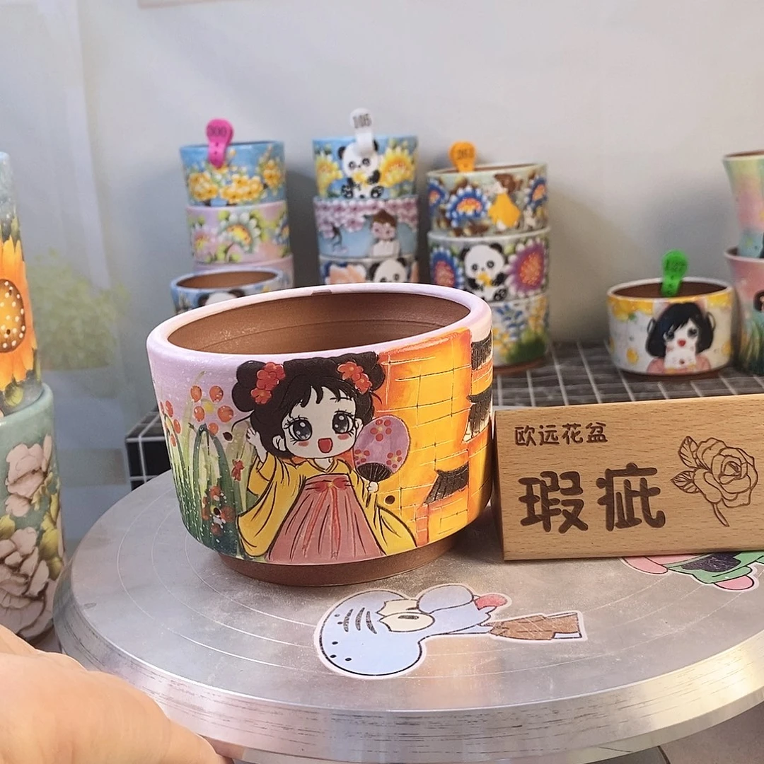 紫砂花盆红陶手绘花盆